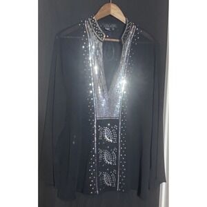 Ninety Blouse Black Sequin Top V-Neck Sheer Beachy Disco